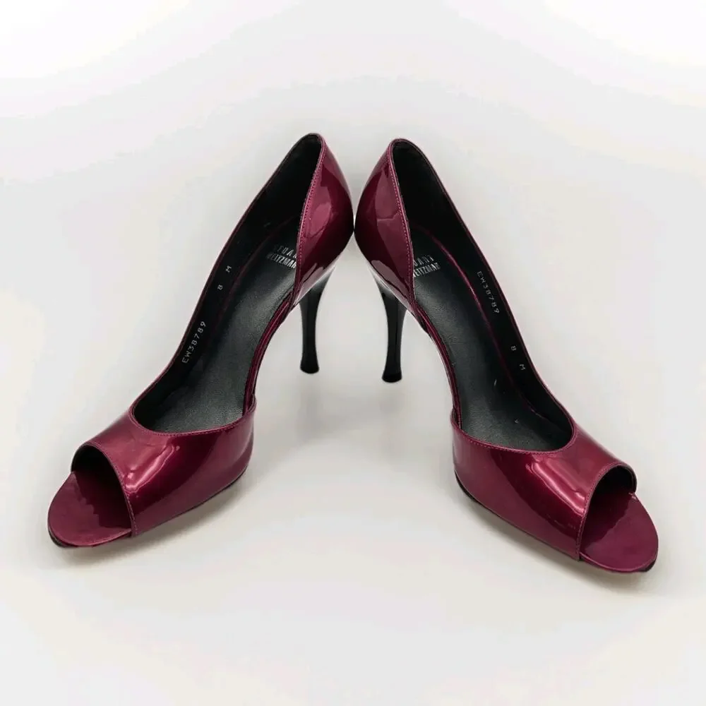 Stuart Weitzman Peep Toe Stiletto Pumps Magenta Glossy Patent Leather Sz 8